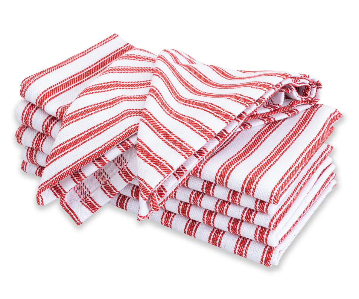 100% cotton red napkins with classic ticking stripe design for holiday table setting
