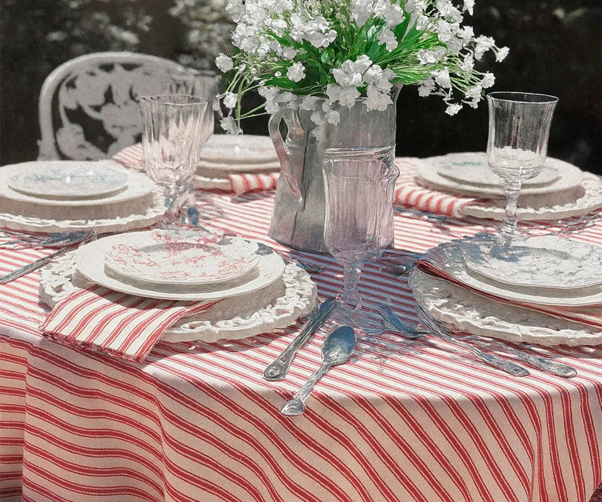 Durable 100% cotton red ticking stripe rectangular tablecloth, 63x88 inches