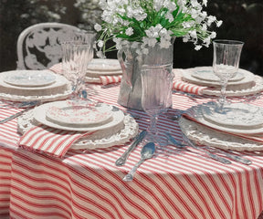 Durable 100% cotton red ticking stripe rectangular tablecloth, 63x88 inches