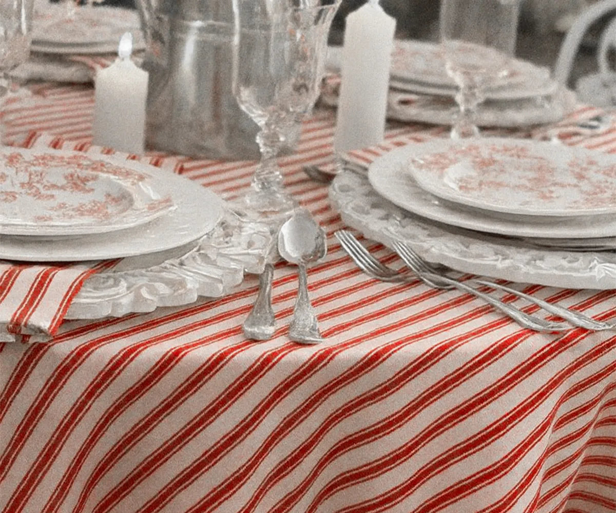 Elegant red and white stripe tablecloth for everyday dining and special occasions