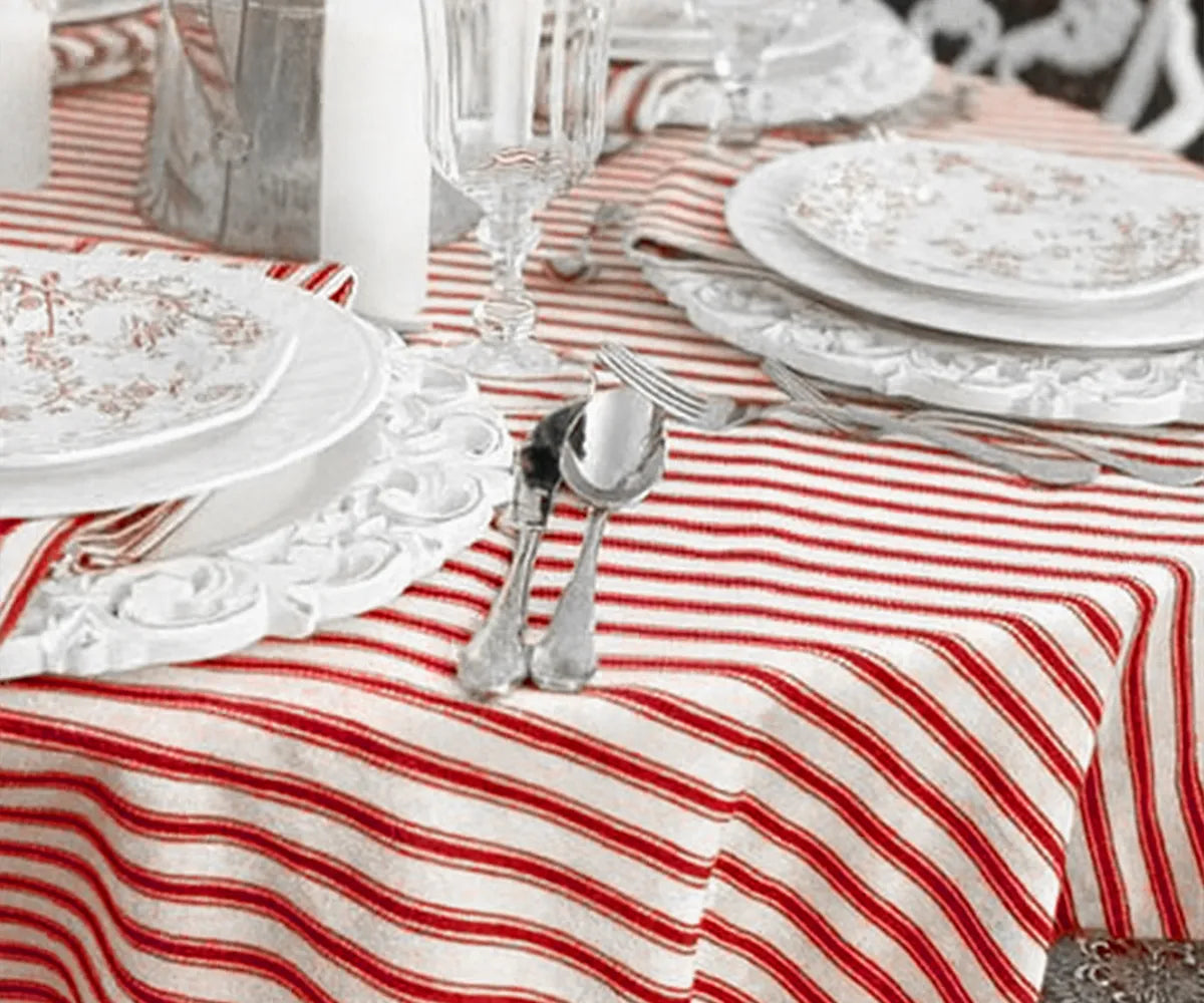 Rectangular red striped tablecloth 63x109 inches with classic drill weave cotton