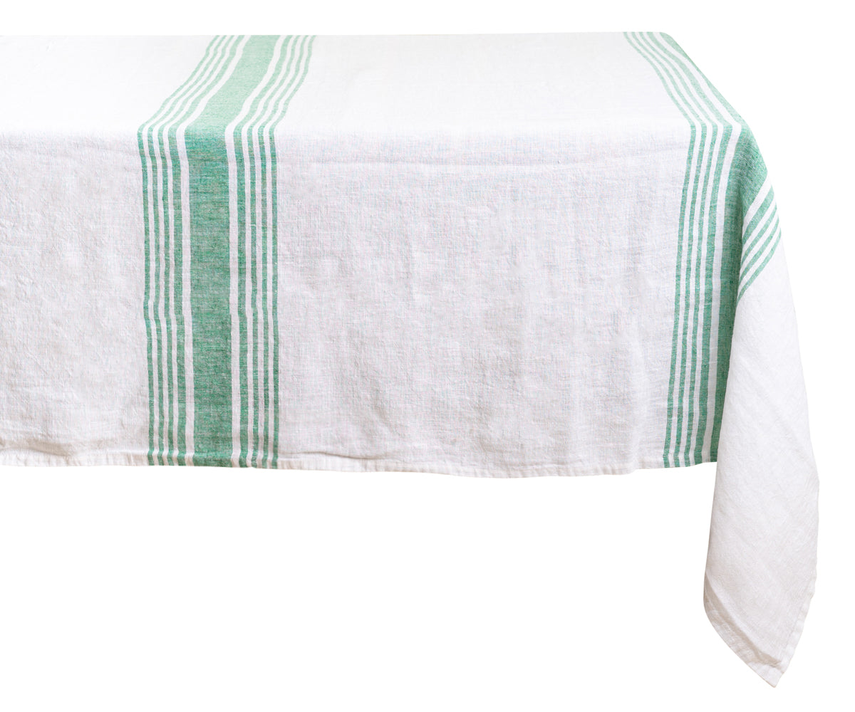 Close-up of white linen tablecloth texture with green stripes