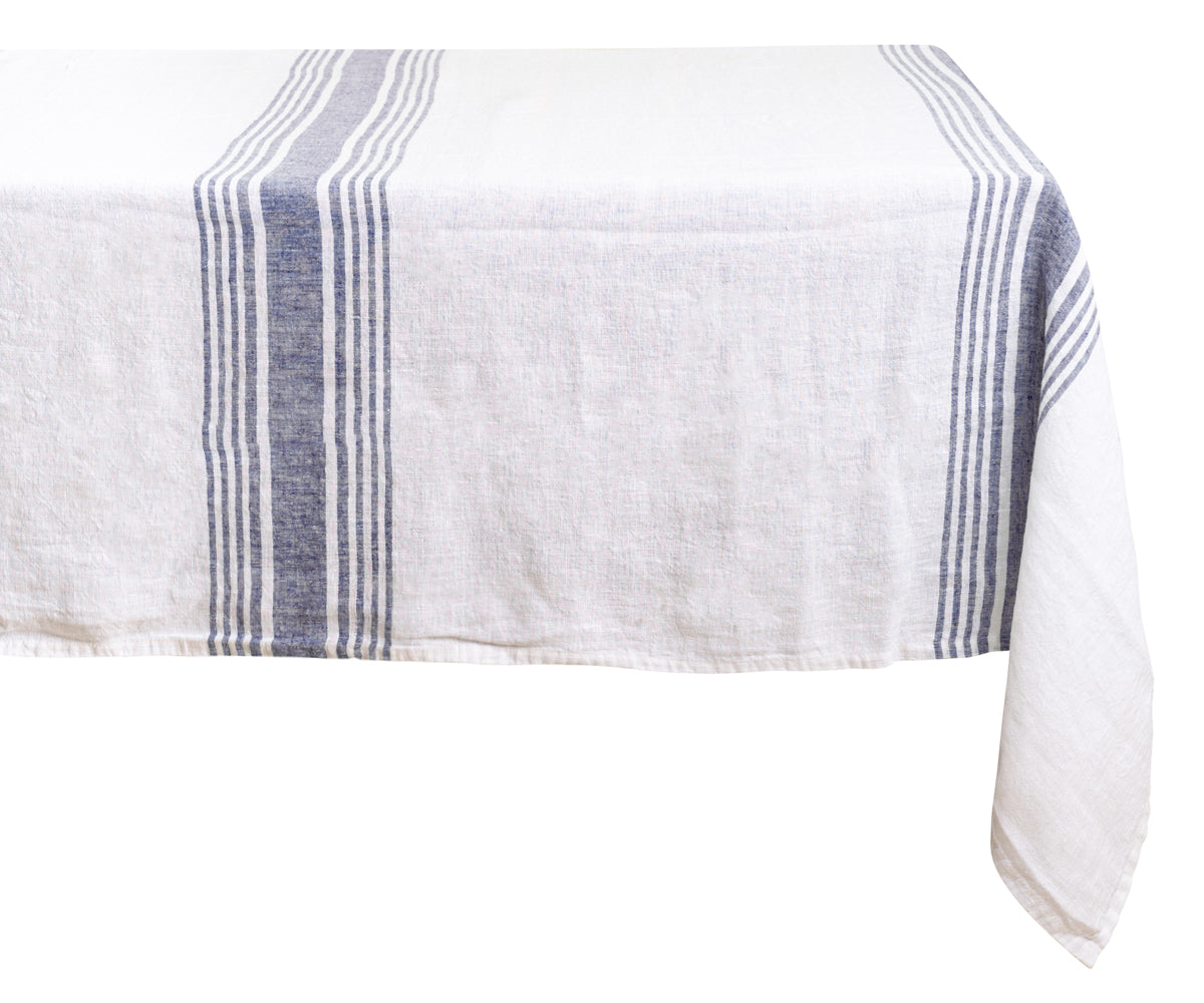 White linen tablecloth with blue stripe highlights