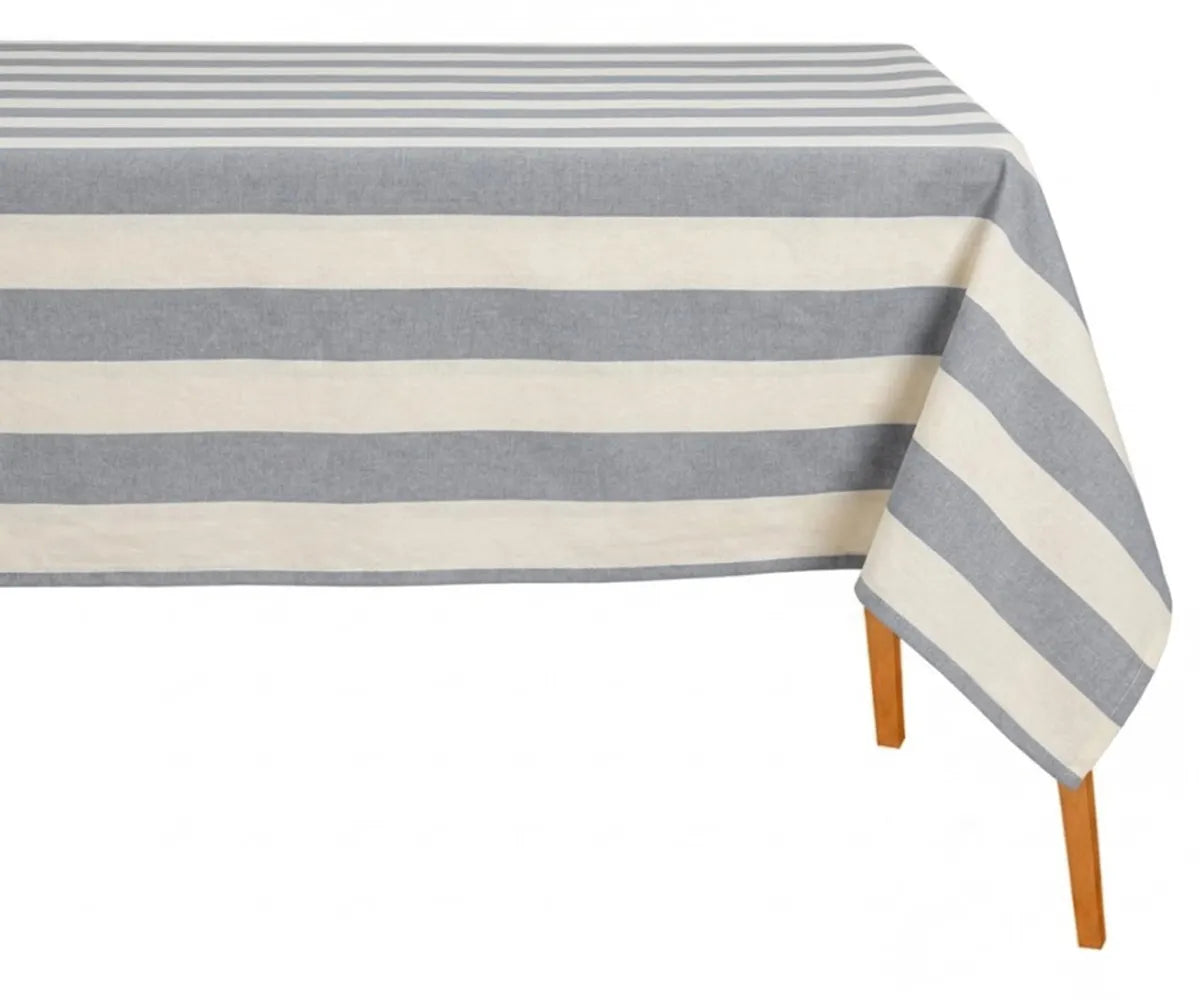 Grey striped rectangle cotton tablecloth for dining table, soft farmhouse style table linen made from natural cotton fabric for kitchen, everyday dining, wedding, holiday, and modern home decor.