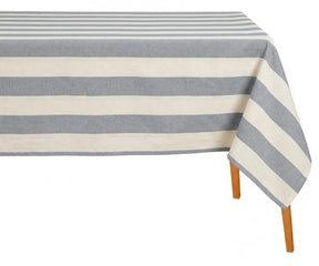 Grey striped rectangle cotton tablecloth for dining table, soft farmhouse style table linen made from natural cotton fabric for kitchen, everyday dining, wedding, holiday, and modern home decor.