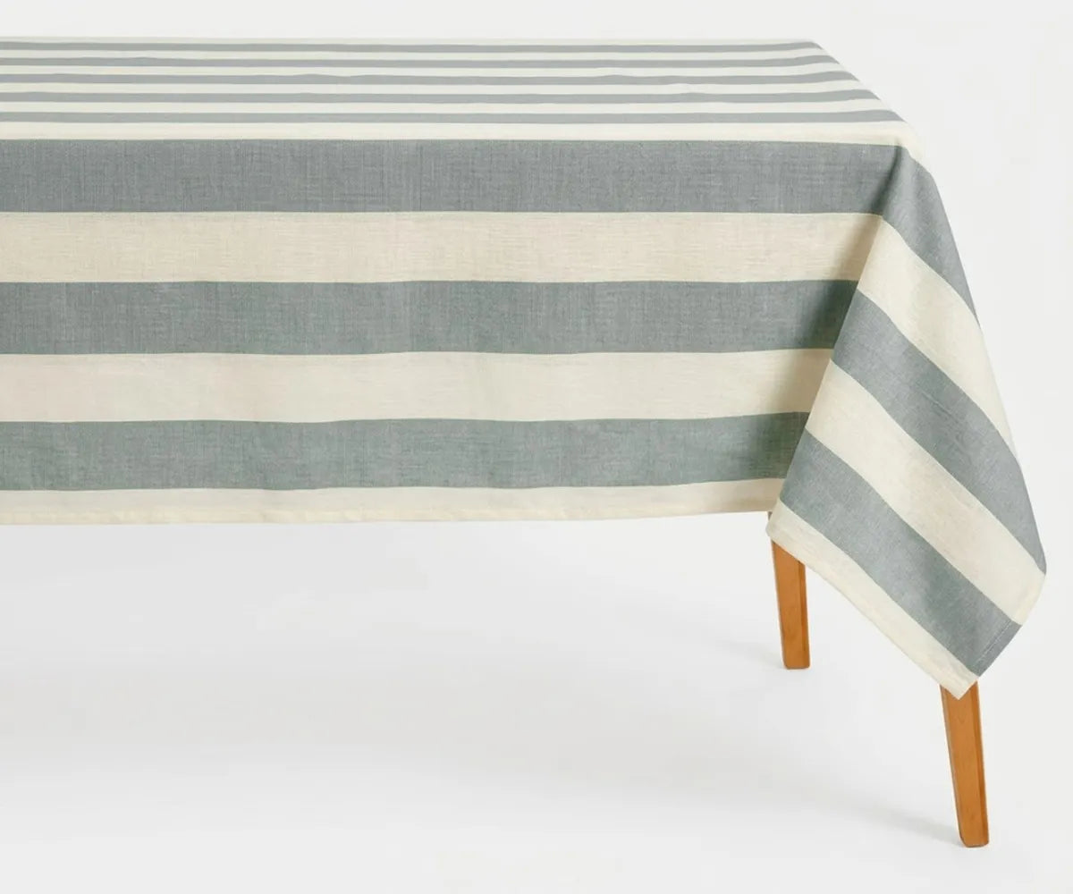 Light blue striped rectangle cotton tablecloth for dining table, elegant cotton table linen with coastal farmhouse style for kitchen dining, everyday use, parties, weddings, and modern home decor.