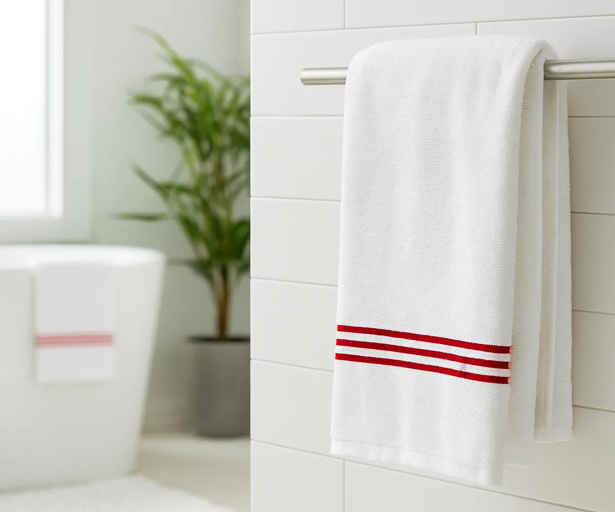 Red and White Striped Cotton Bath Towel – 100% soft cotton towel with bright red and white stripes, highly absorbent, breathable, and gentle on the skin; perfect for home, spa, or gym use.