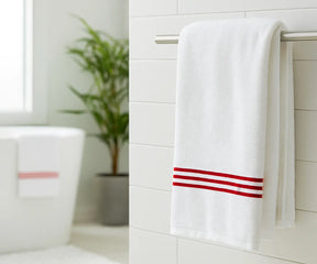 Red and White Striped Cotton Bath Towel – 100% soft cotton towel with bright red and white stripes, highly absorbent, breathable, and gentle on the skin; perfect for home, spa, or gym use.