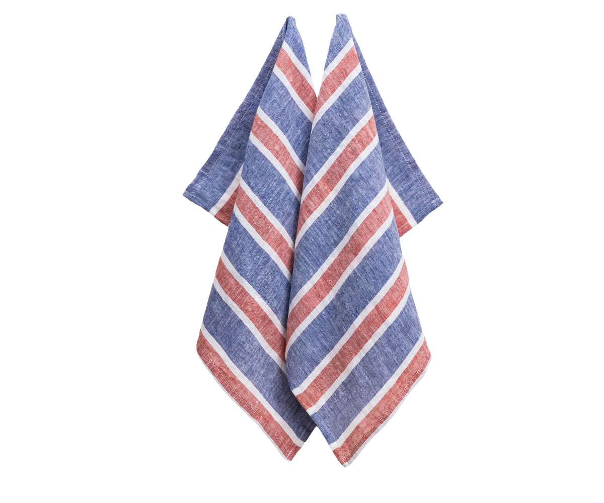 Patriotic red white blue linen kitchen towels, striped 18x28 dish cloth set – soft and durable for everyday use.