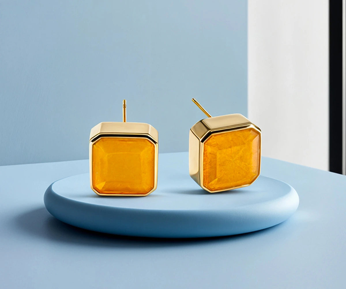 10mm Asscher-cut yellow quartz stud earrings with 18K gold-plated brass setting for women.