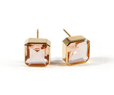 Soft pink blush morganite stud earrings with a 10mm Asscher-cut stone set in 18K gold-plated brass.