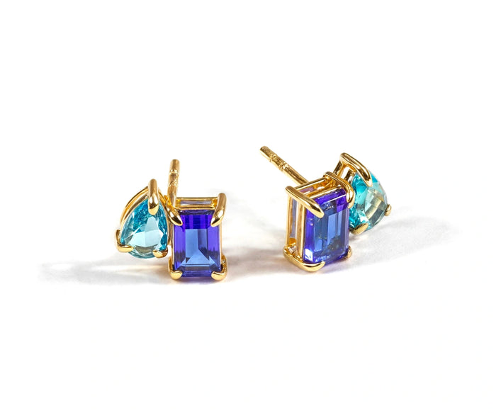 blue sapphire stud earrings showing emerald cut gemstone detail and 18K gold finish, Blue Sapphire Earrings, dainty stud earrings