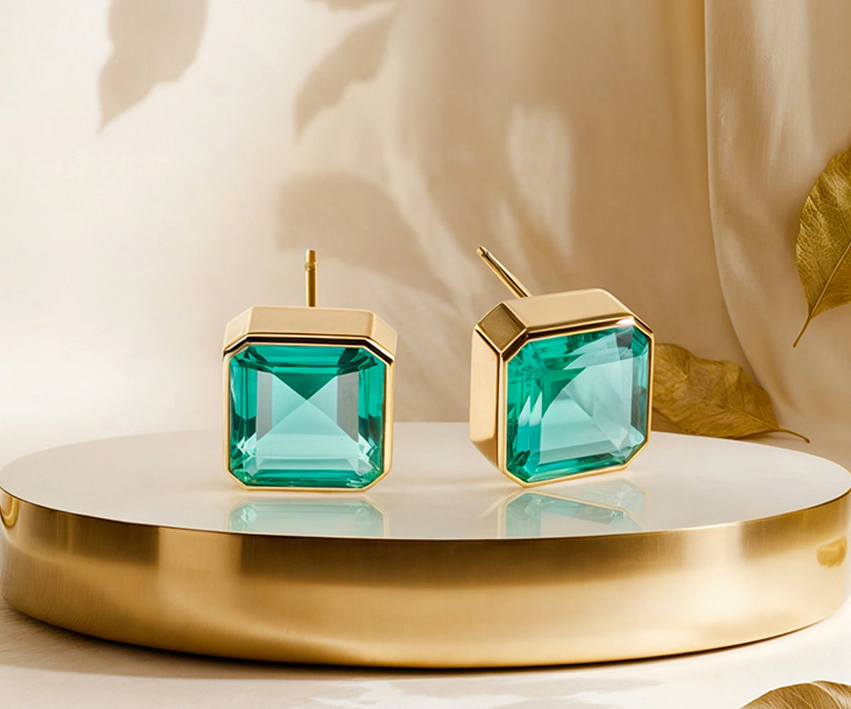 18K Gold Plated Emerald Green Quartz Earrings with 10mm Asscher-Cut Stone