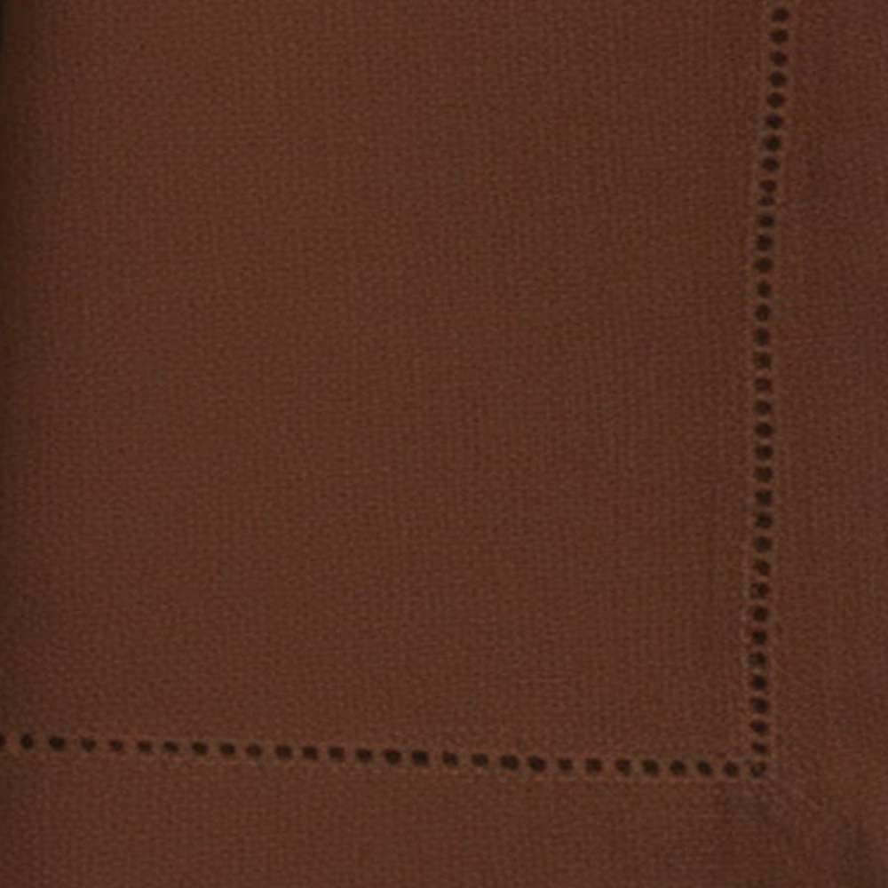 Close-up swatch of coffee brown hemstitch napkin fabric showing weave texture and border detail.