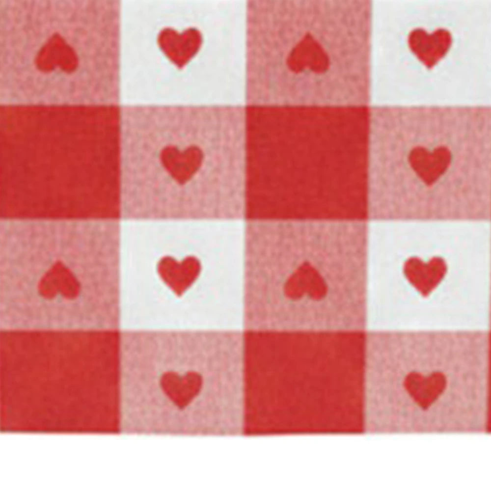 Red heart checkered cotton table runner fabric close-up