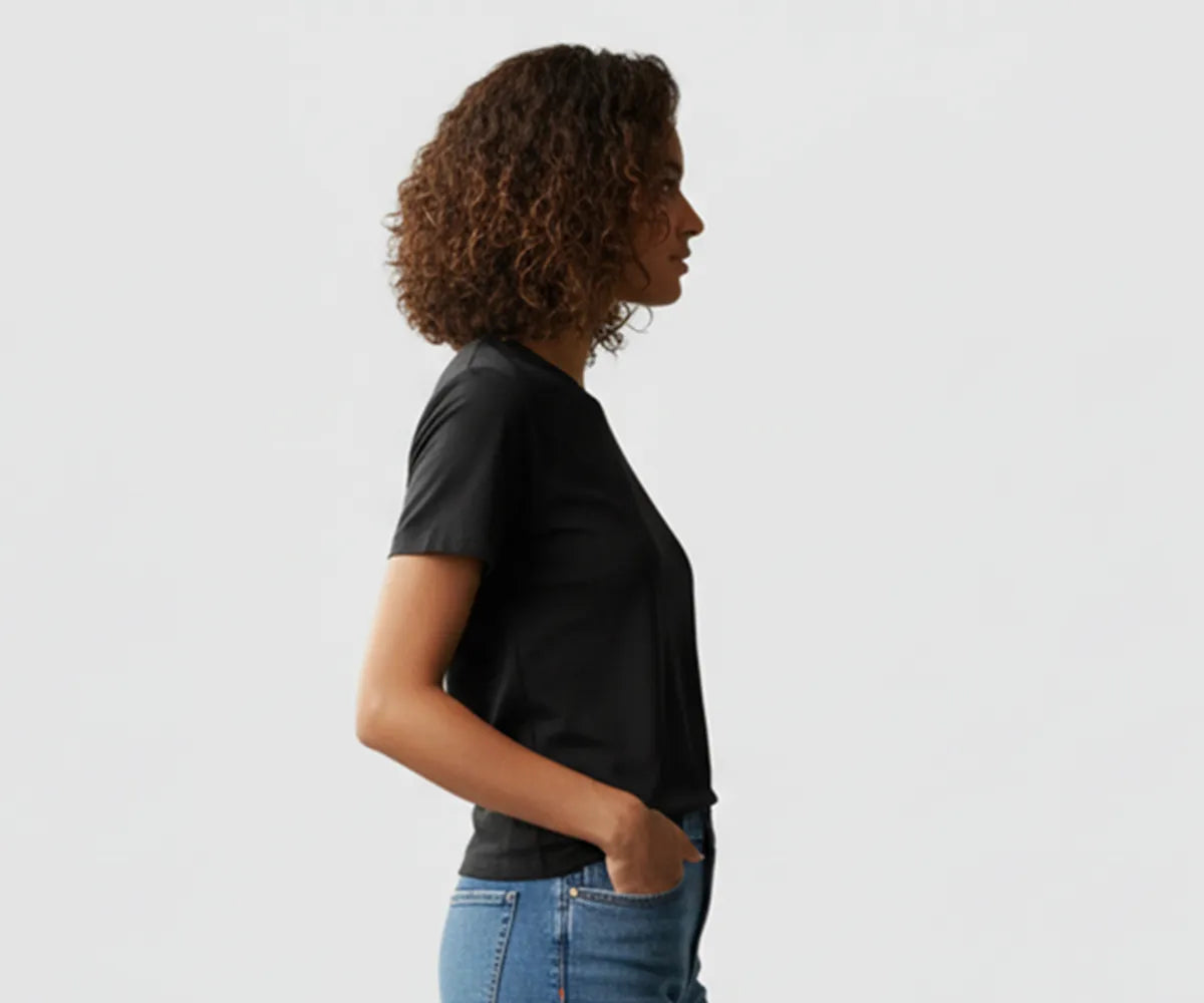 Women’s black short sleeve t-shirt, regular fit bamboo cotton blend crew neck
