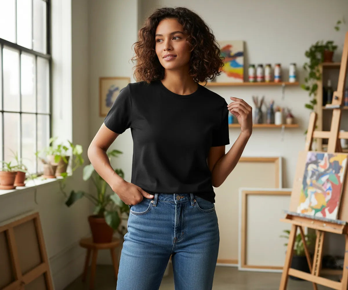 Soft black women’s bamboo cotton tee, lightweight activewear top