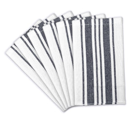 Four white and blue striped restaurant napkins stacked together