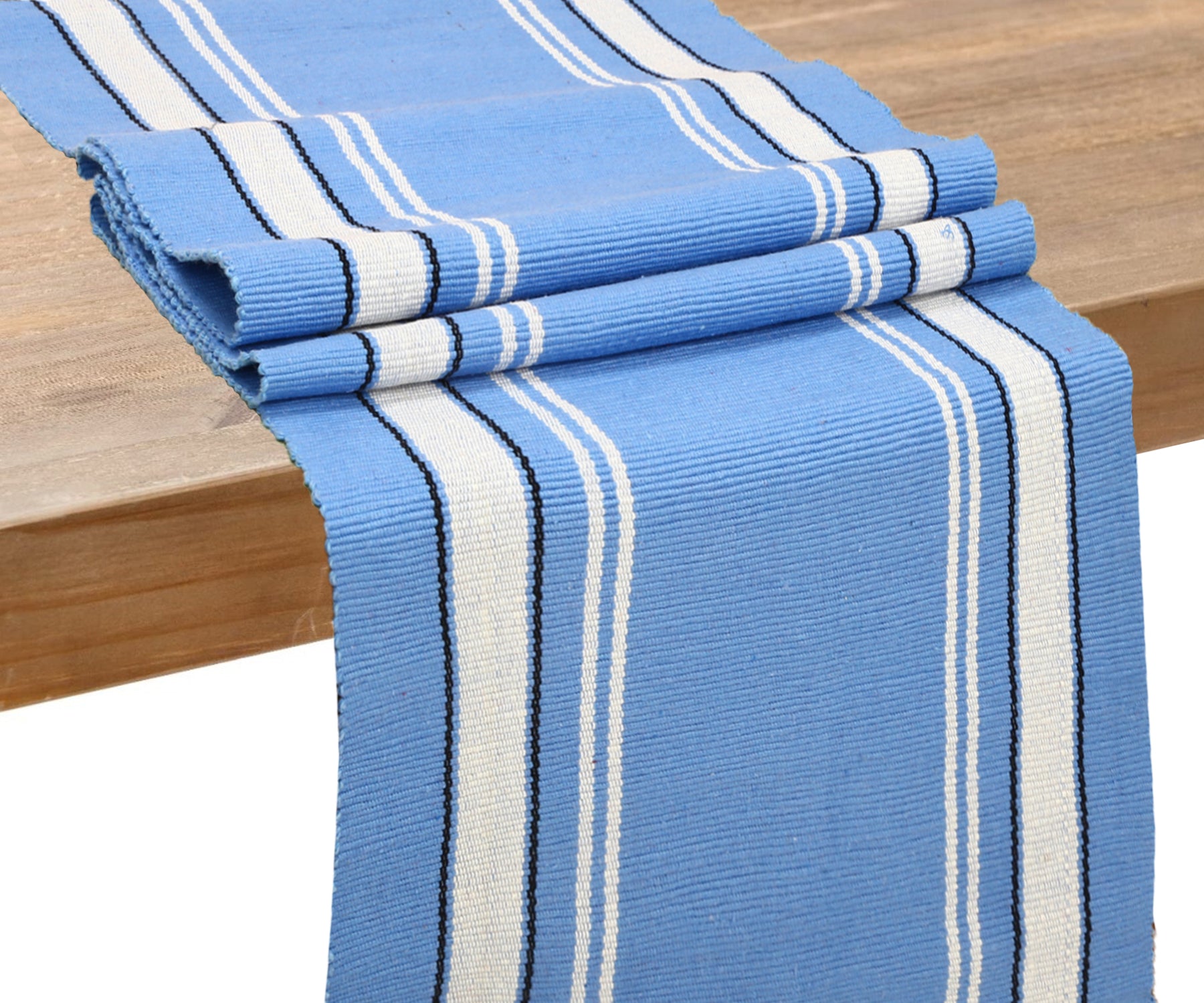 Farmhouse-style dining table runner in timeless stripes.