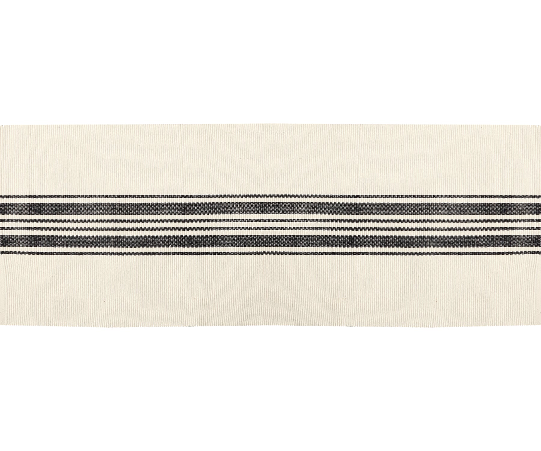 Versatile striped table runner for indoor and outdoor tables.