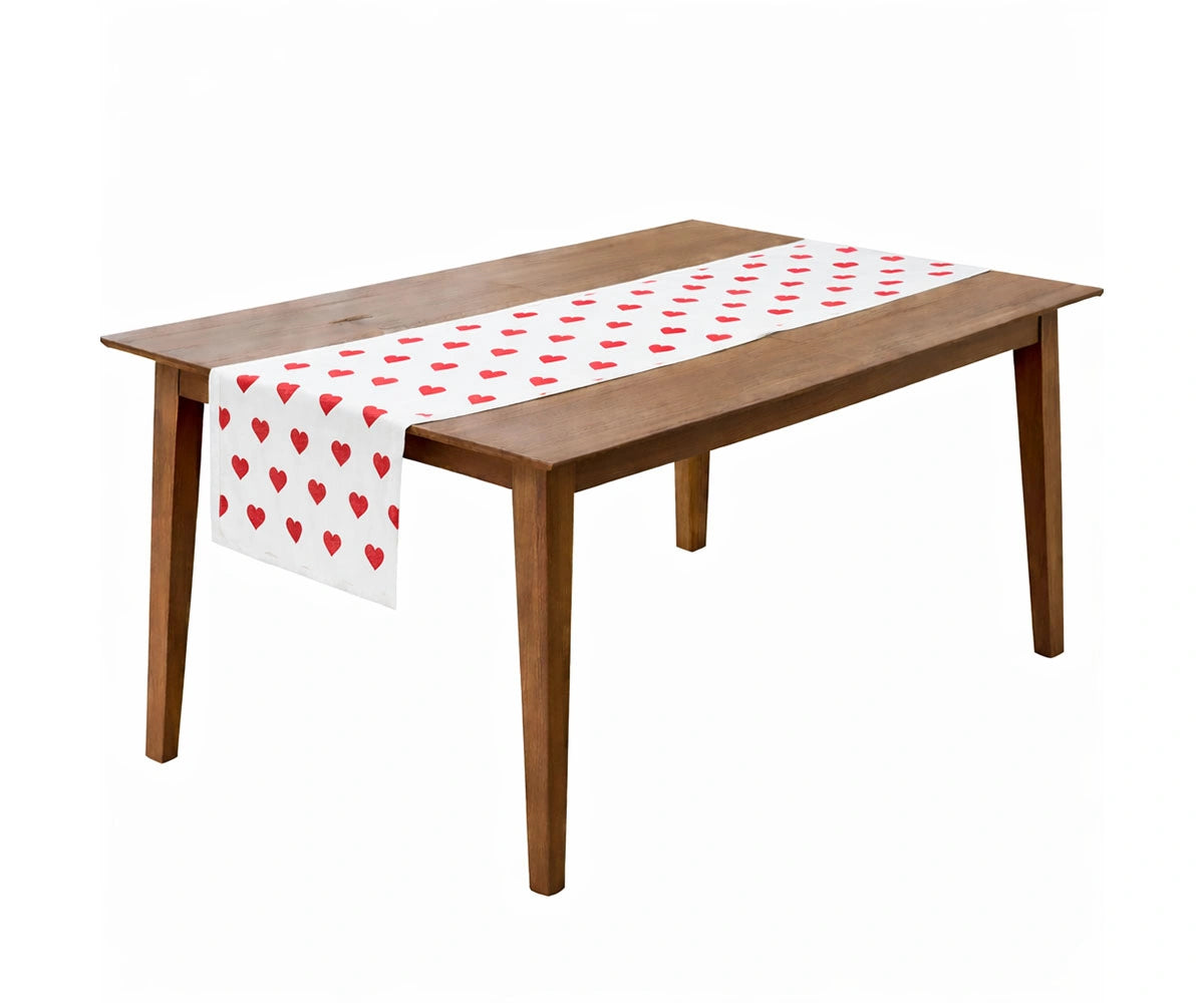 Red heart embroidered cotton table runner for Valentine’s Day dining, romantic table décor, and festive celebrations