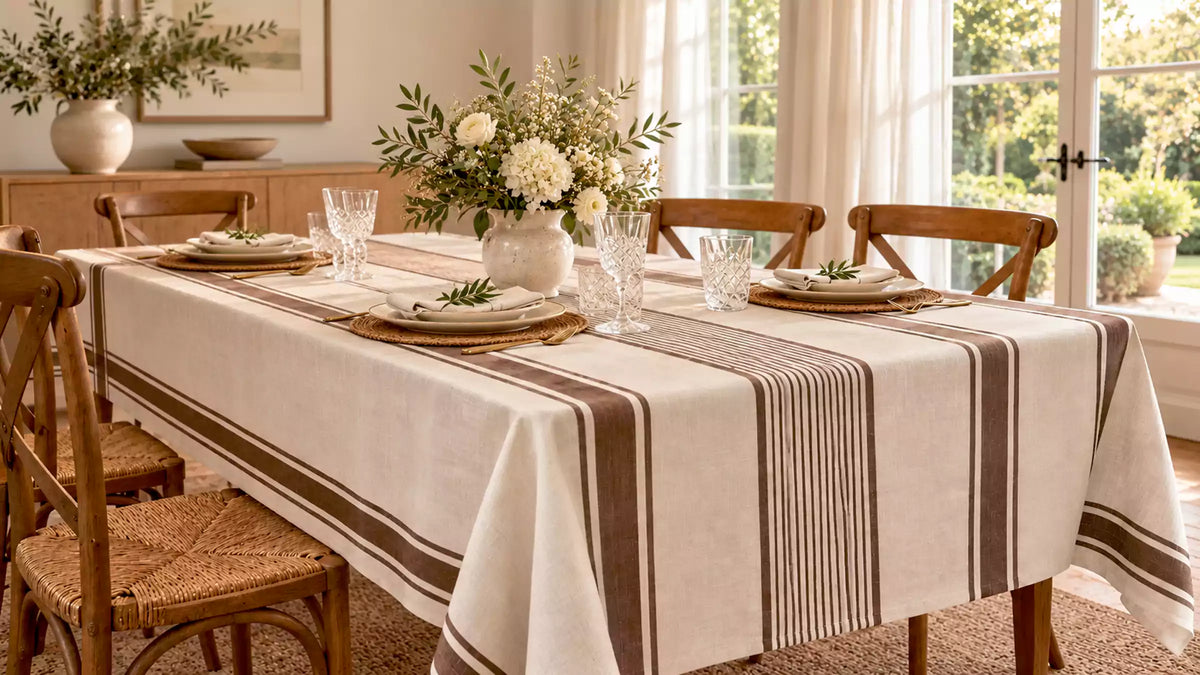 White tablecloth with brown stripes on a dining table set with woven placemats and white flowers.