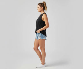 Moisture-wicking black fitness tank top, soft and stretchable slim fit design