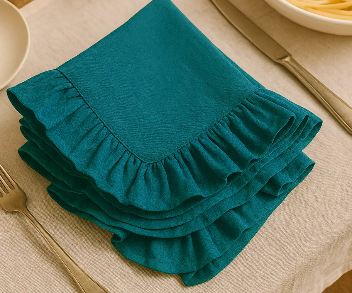 Set of 100% cotton teal ruffled napkins, soft and durable fabric dinner napkins available in bulk or small sets, perfect for rustic farmhouse, modern, or elegant table settings.