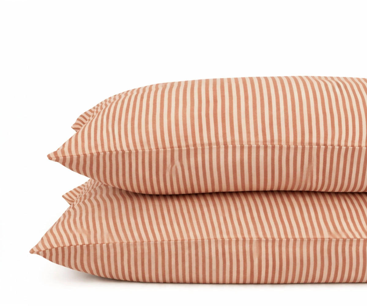Terracotta and white European flax linen striped pillowcases set of 2, breathable pre-washed linen pillow covers for modern farmhouse bedding