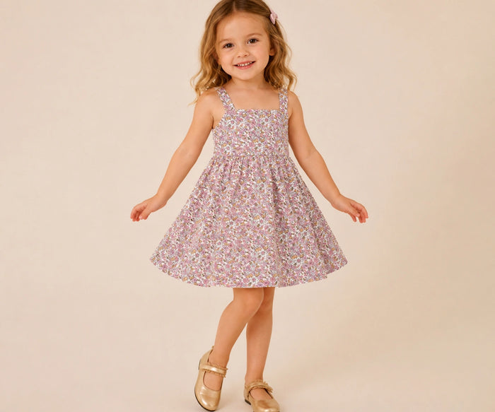 Toddler girl wearing a sleeveless pink floral cotton toddler dress, posing against a beige background in a comfortable summer outfit.