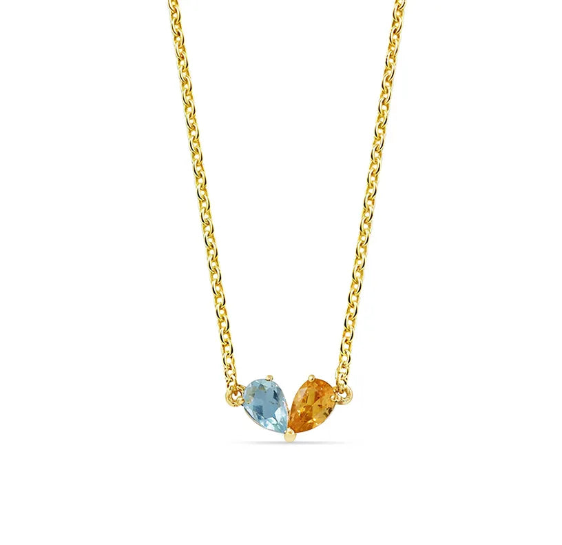 Toi et Moi necklace for women with pear-cut Ocean Blue Topaz and Citrine Shine gemstones in yellow gold plating