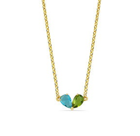 Toi et Moi necklace for women with pear-cut Ocean Topaz and Peridot gemstones in yellow gold plating