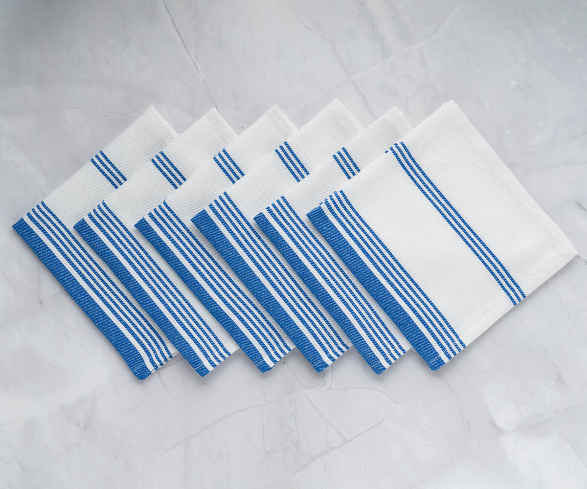 Reusable cloth napkins in blue and white hues, perfect for any occasion.