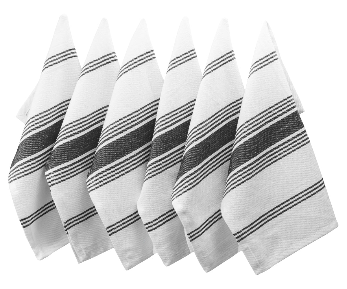 Multiple black striped napkins presented on a flat surface