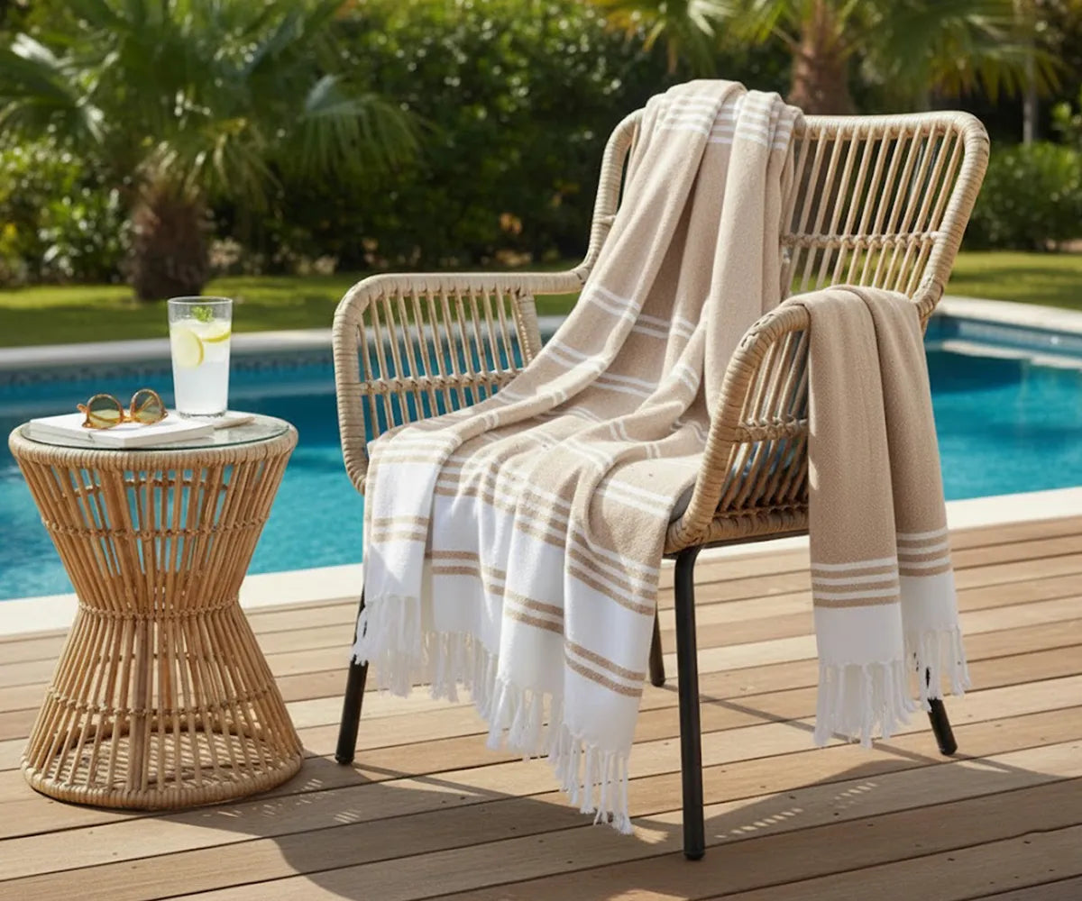Premium beige cotton Turkish towels, set of 2, lightweight, durable, and perfect for spa, poolside, or seaside relaxation.
