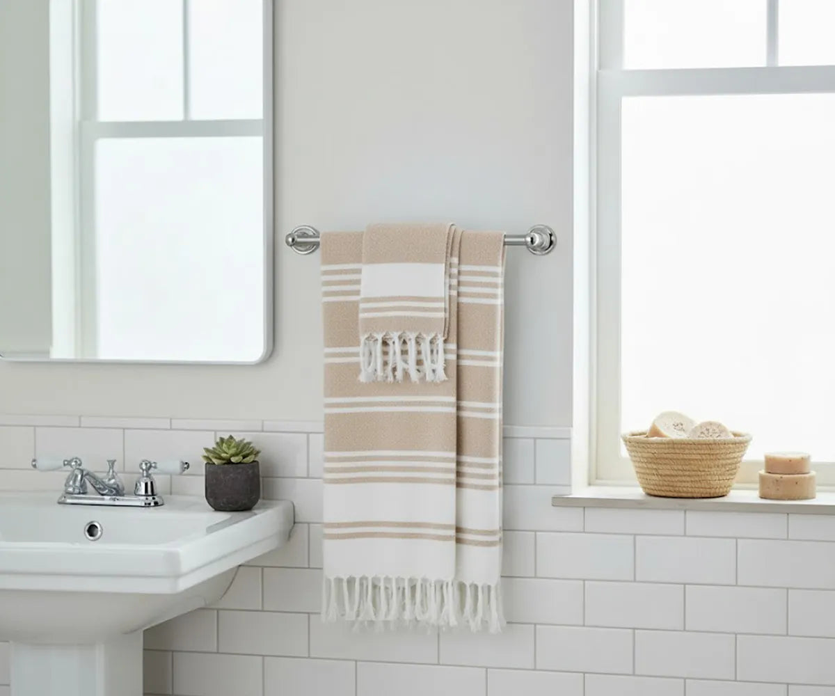 Set of 2 beige Turkish cotton beach towels with white stripes, soft, absorbent, and quick-drying for bath or beach use.