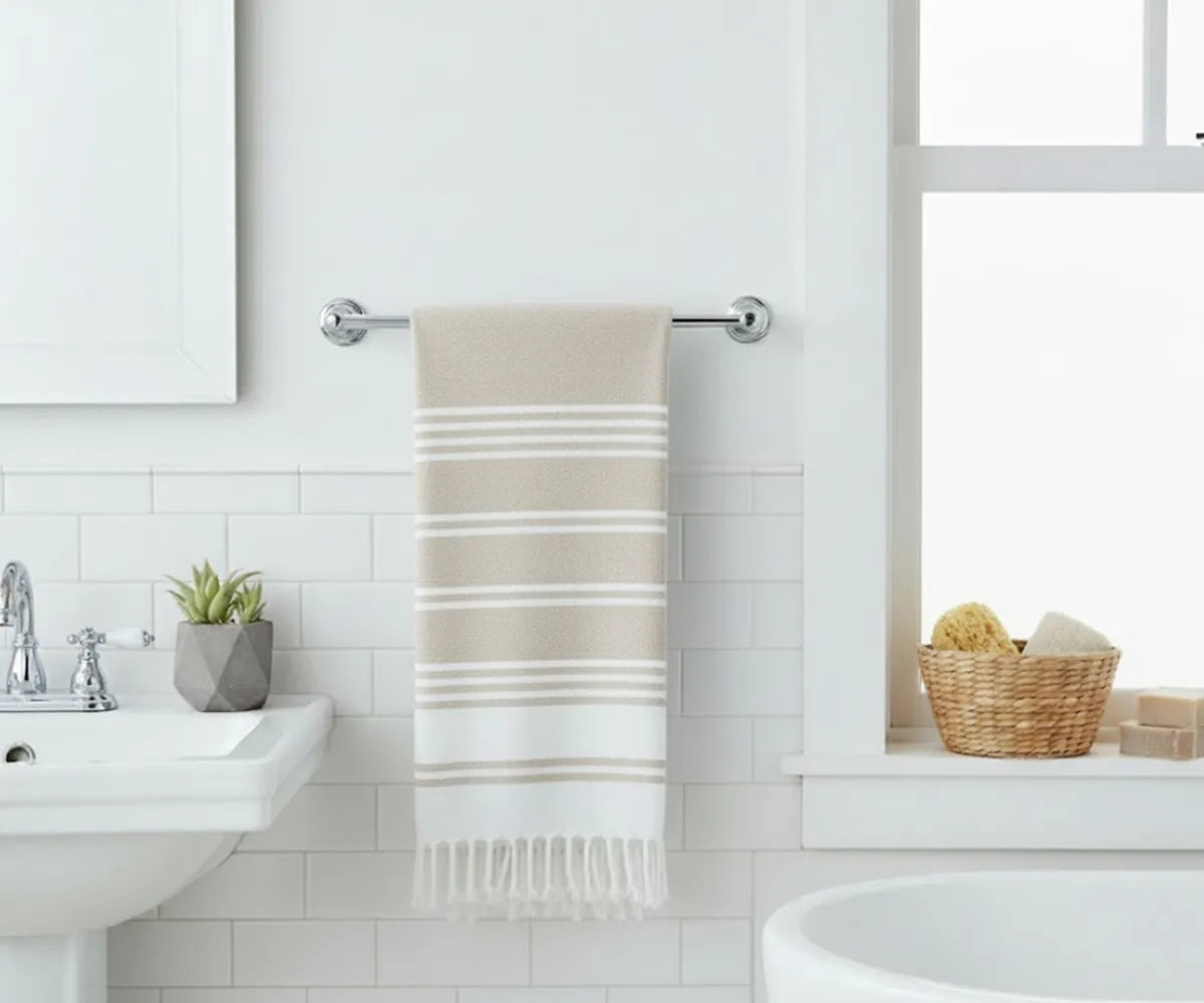 Beige striped Turkish cotton beach towels, set of 2, plush, long-lasting, and ideal for home, travel, or beach adventures.