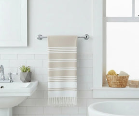 Beige striped Turkish cotton beach towels, set of 2, plush, long-lasting, and ideal for home, travel, or beach adventures.