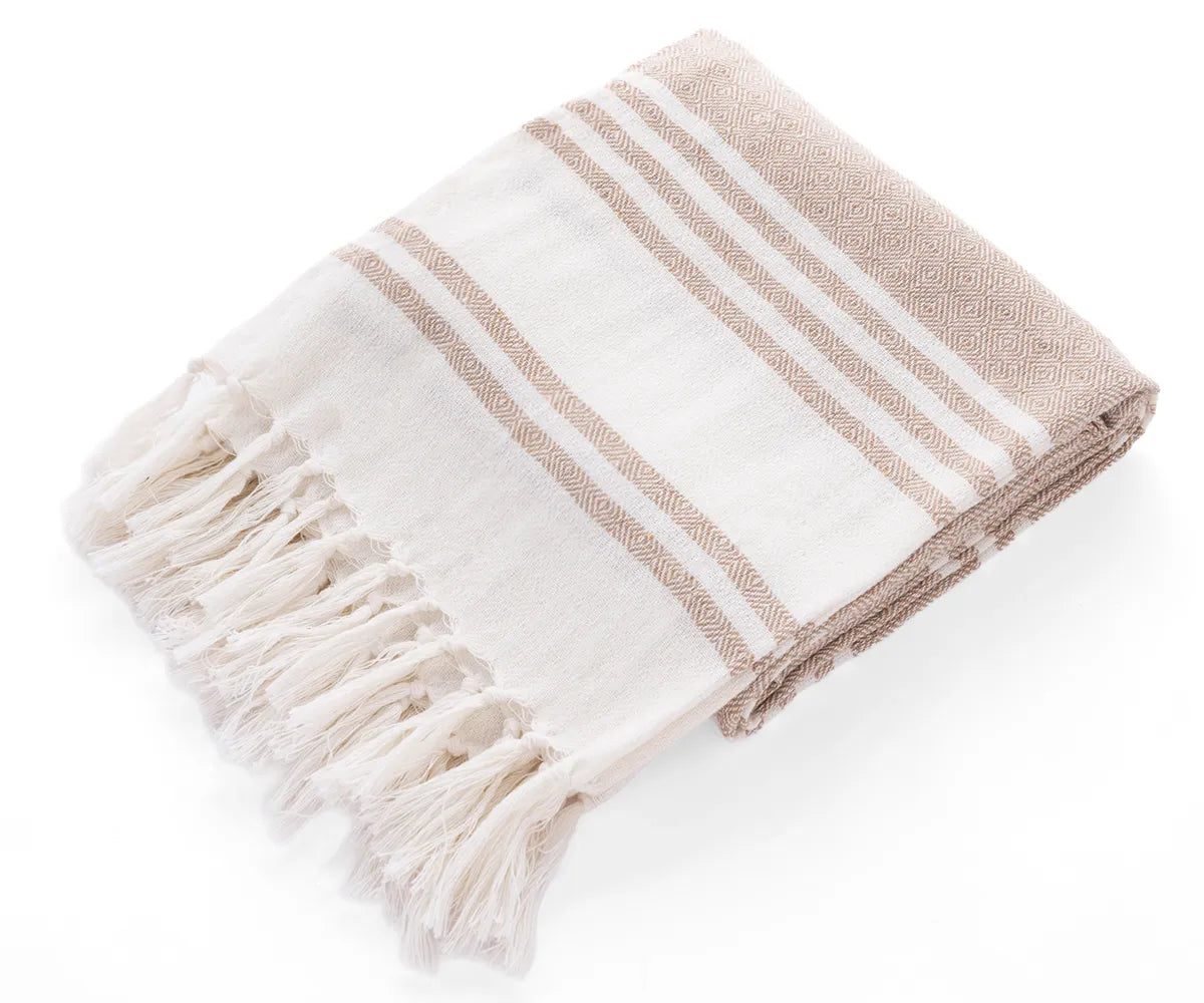 Turkish cotton beach towels in beige and white stripes – set of 2