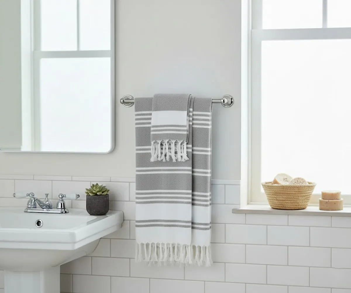 Premium grey cotton Turkish towels, set of 2, quick-drying, durable, and perfect for spa, home, or seaside relaxation.