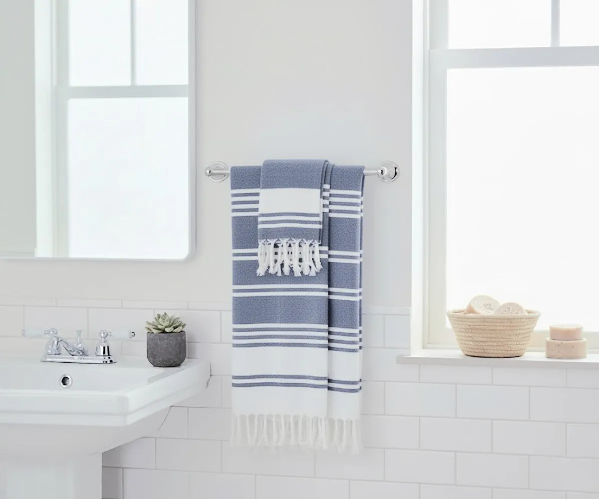 Set of 2 navy blue Turkish cotton beach towels with white stripes, lightweight, absorbent, and quick-drying for bath or seaside use.