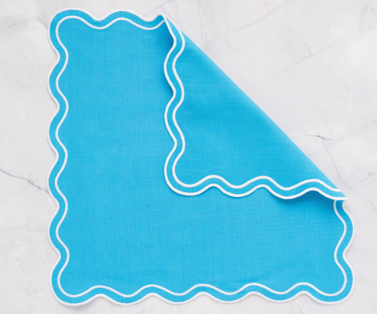 Turquoise scalloped edge napkins in 100% cotton, available in 18x18, 20x20, and 22x22 inch sizes, perfect for family dining and events