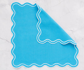 Turquoise scalloped edge napkins in 100% cotton, available in 18x18, 20x20, and 22x22 inch sizes, perfect for family dining and events