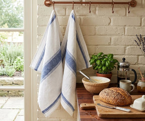 Blue striped linen kitchen towels set of 2 hanging in modern farmhouse kitchen, Eco friendly blue linen kitchen towels set