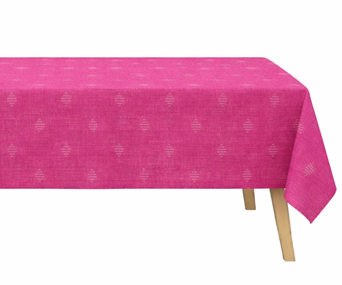 Pink and white print 100% linen rectangle tablecloth for modern farmhouse dining table décor and everyday elegant table setting
