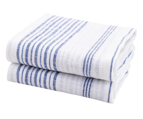 Set of 2 blue linen tea towels hanging in a modern kitchen