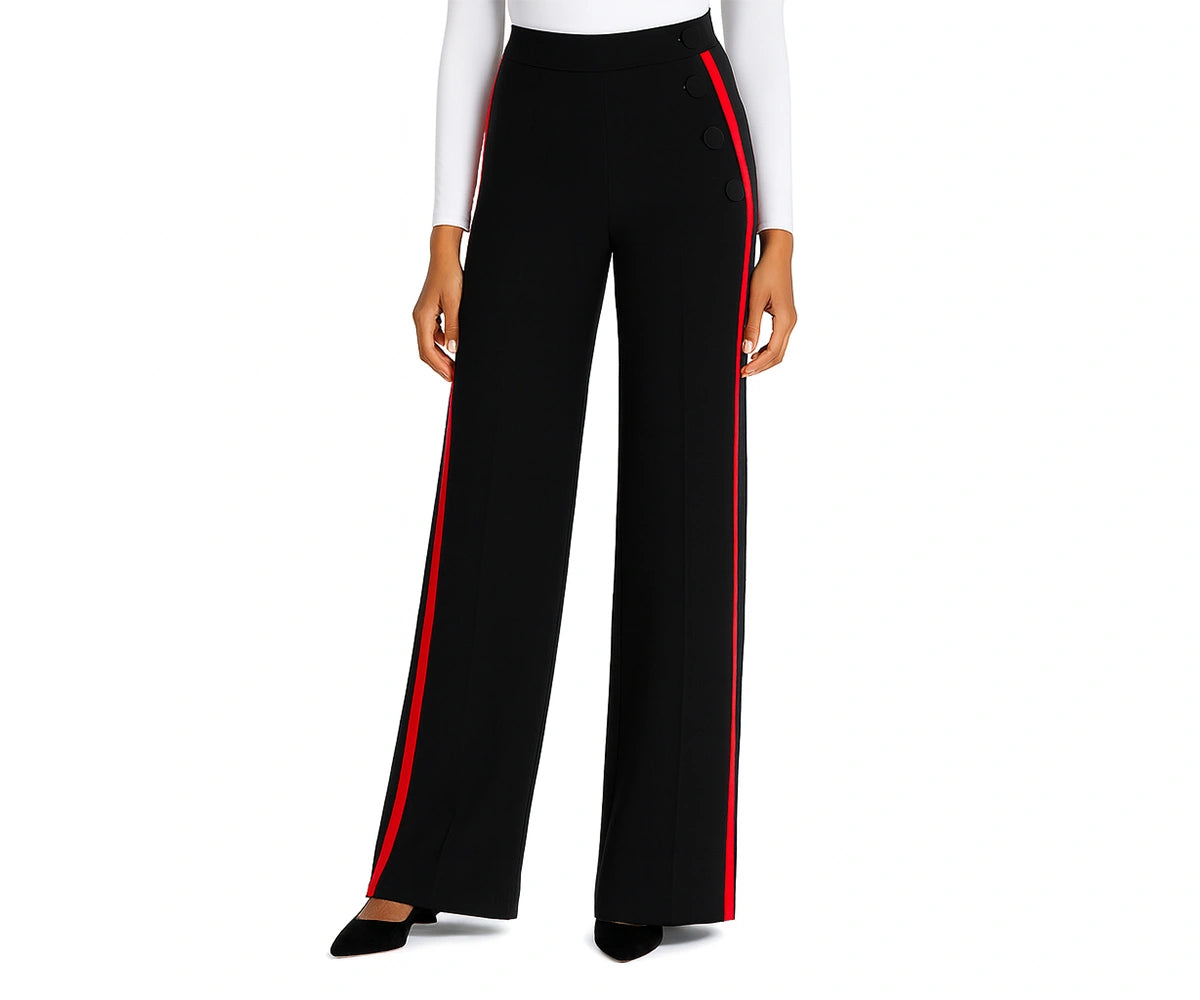 Women’s black baggy pants with side contrast piping, relaxed fit cotton pants with elastic waistband