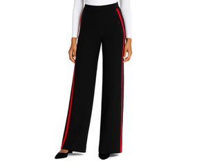 Women’s black baggy pants with side contrast piping, relaxed fit cotton pants with elastic waistband