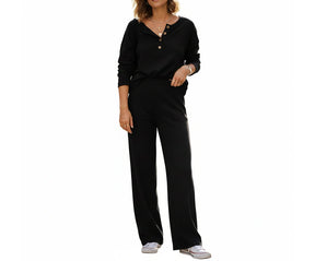Women’s black linen long sleeve pajama set, breathable 100% linen sleepwear for comfortable nights