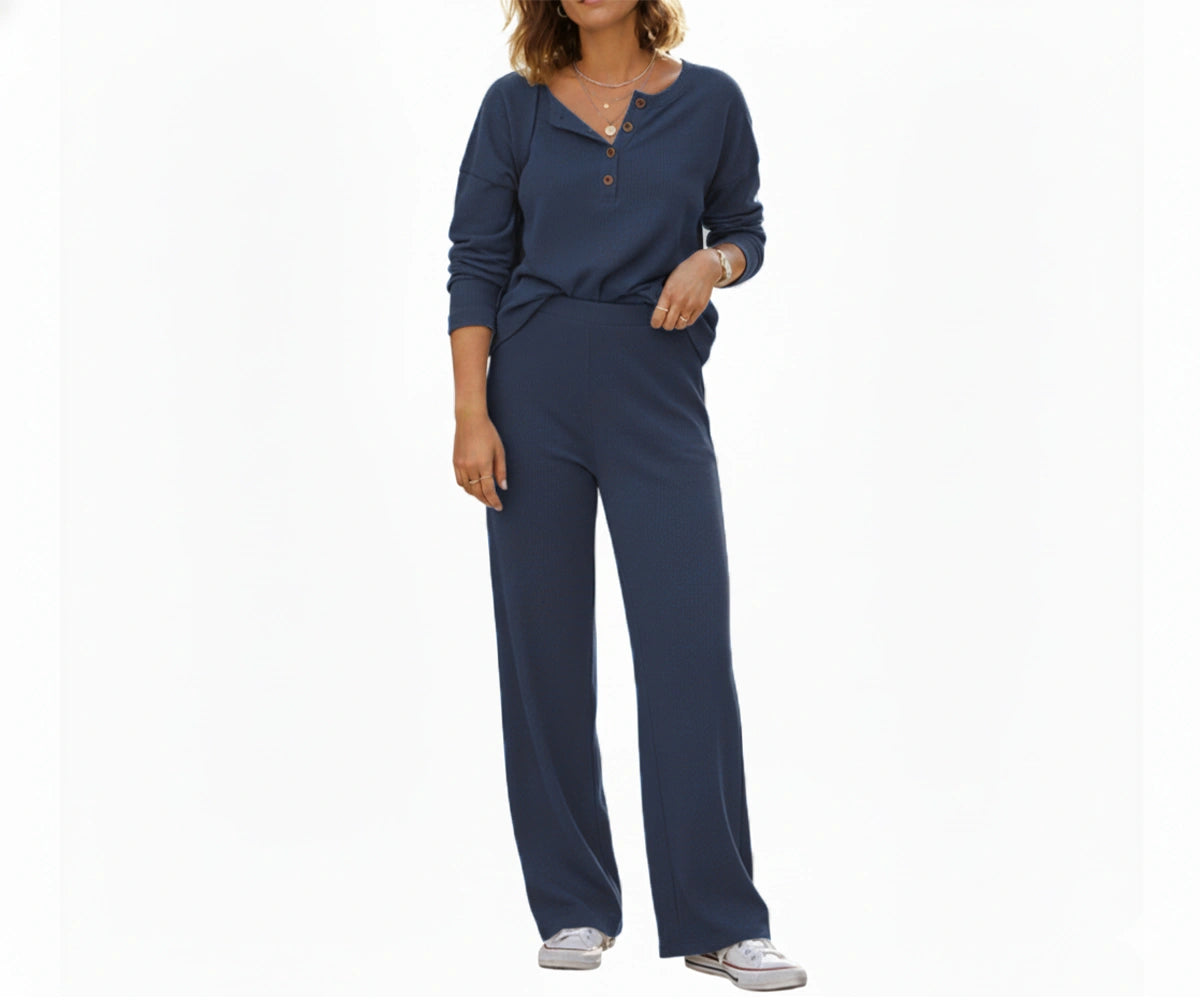 Women’s blue linen long sleeve pajama set, lightweight breathable linen loungewear